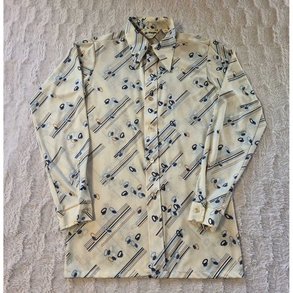 Vintage 70s Wrangler Permanent Press Shirt Men's Size 18 Disco Western Abstract